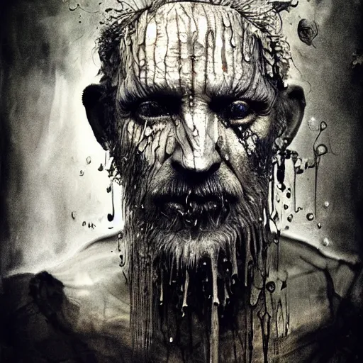 Image similar to collodion process photography of mutant fishman sailor old man with gills and scales creatures from the deep ocean by emil melmoth zdzislaw beksinki craig mullins yoji shinkawa realistic render ominous detailed photo atmospheric by jeremy mann francis bacon and agnes cecile ink drips paint smears digital glitches glitchart