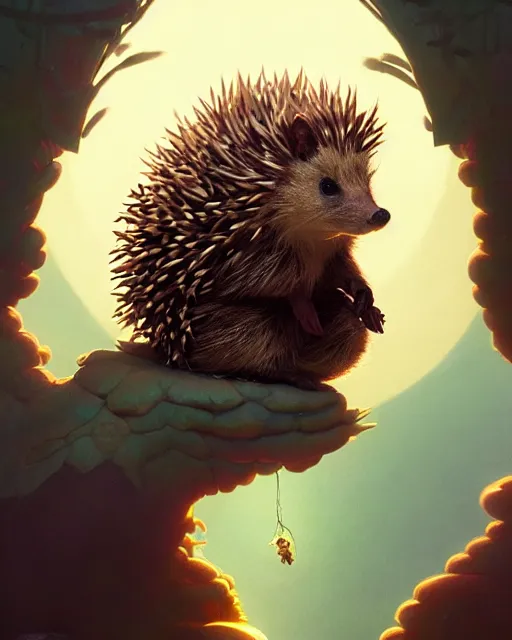 Prompt: highly detailed surreal vfx portrait of a sacred hedgehog, stephen bliss, unreal engine, greg rutkowski, loish, rhads, beeple, makoto shinkai and lois van baarle, ilya kuvshinov, rossdraws, tom bagshaw, alphonse mucha, global illumination, detailed and intricate environment