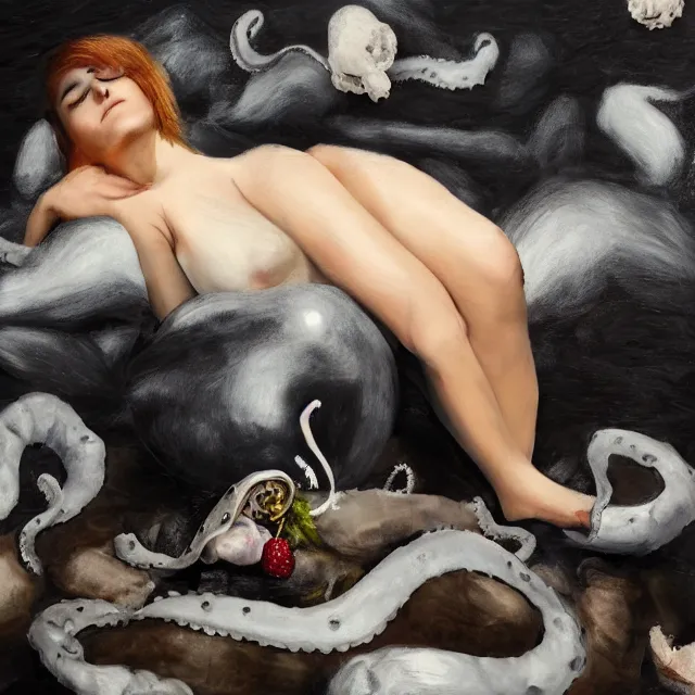 Image similar to a female art student falling asleep, iceberg, black paint, sensual, cloudy, squashed berries, octopus, neo - impressionist, surrealism