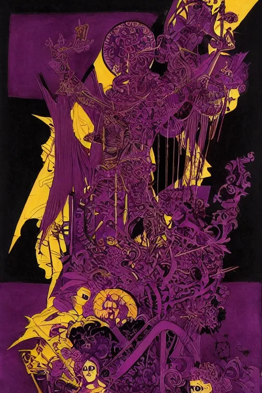 Prompt: dark magenta and purple ink with intricate designs, tarot card, a halloween scarecrow, full of golden layers, black cats, cobwebs, spiders, swirles, curves, wave, by louise nevelson and hokusai and jean giraud and mike mignola and john howe, trending on artstation, elaborate illustration, incredible depth