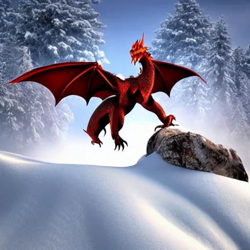 Image similar to High quality, beautiful and majestic western dragon in the mountains surrounded by snow and trees with wings spread out to the side while roaring, ultra high quality, 3d rendering, award-winning