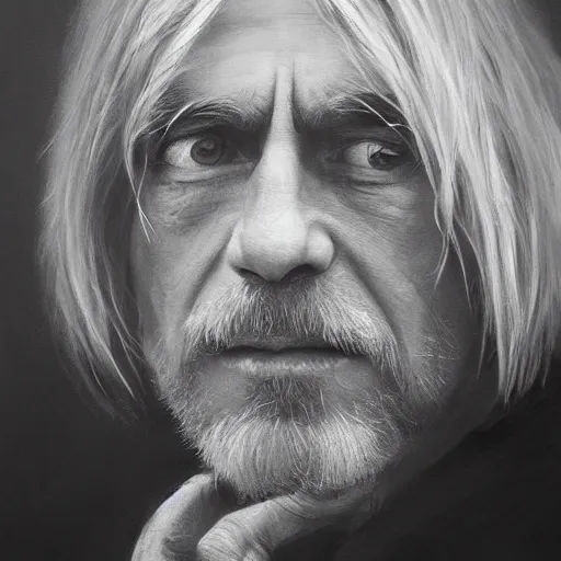 Image similar to UHD tonalism painting of an elderly, old Kurt Cobain, by Antonio Caparo and Ferdinand Knab and Greg Rutkowski, UHD, photorealistic, trending on artstation, trending on deviantart