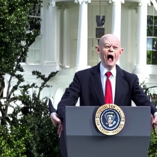 Image similar to president gollum giving a speech in front of the white house