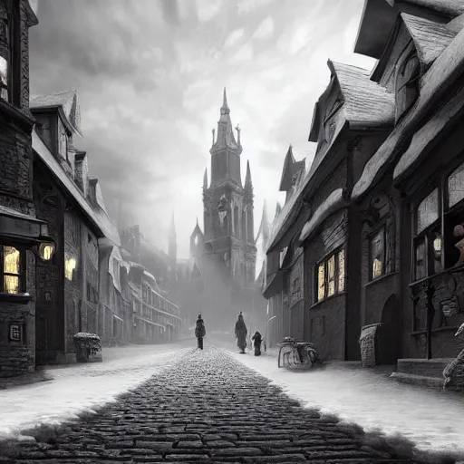 Prompt: an ultra detailed black and white matte painting of the quaint town of galic, grid shaped city cobblestone streets, fantasy city, the morning after a heavy snowfall, wind, inspiring gothic architecture, ultrawide lense, aerial photography, unreal engine, exquisite detail, 8 k, art by greg rutkowski and alphonse mucha