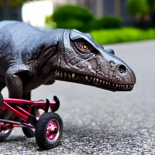 Image similar to a macrophoto of a tiny t - rex on a tricycle, sidewalk, photography, depth of field,