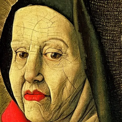 Image similar to close up on queen elizabeth face painted as a poor beggar by hieronymus bosch