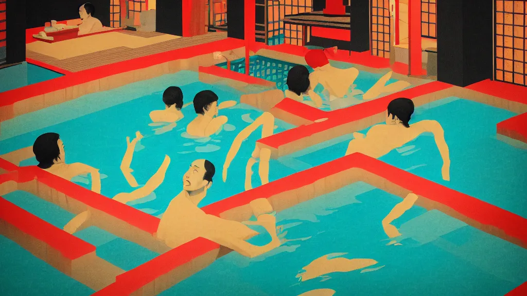 Image similar to japan onsen, a collage painting, in the style of wes anderson, lola dupre, david hockney, isolated on negative space background dark monochrome neon spraypaint accents volumetric octane render