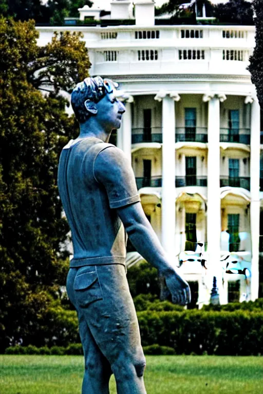 Image similar to A beautiful stone statue of Mark Zuckerberg in front of the White House, photo by Steve McCurry, heroic pose, detailed, smooth, smiling