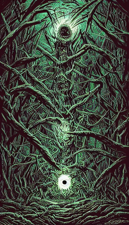 Image similar to a storm vortex made of many demonic eyes and teeth over a forest, by dan mumford