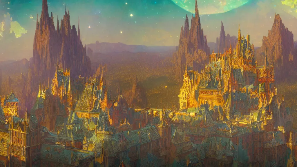 Prompt: a beautiful highly detailed matte painting of colorful castle nebulas by moebius, alphonse mucha, subject in view, highly detailed, intricate design, 8 k resolution, octane render, trending on artstation and cgsociety