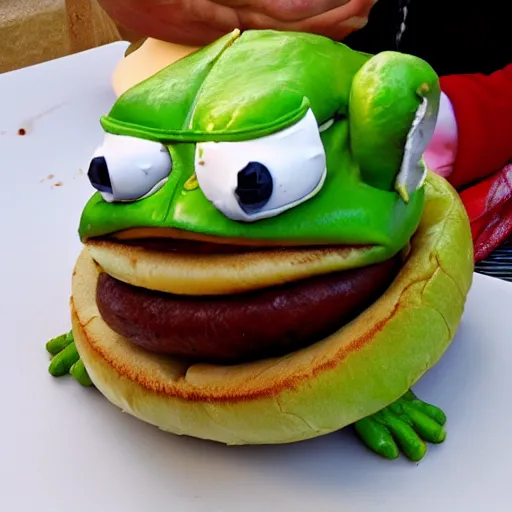 Image similar to pepe the frog in a hot dog bun on a grill.