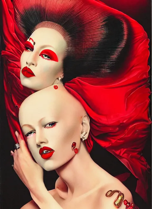 Image similar to an 8 0 s portrait of a woman with dark eye - shadow and red lips with dark slicked back hair with alexander mcqueen face beads dreaming acid - fueled hallucinations by serge lutens, rolf armstrong, delphin enjolras, peter elson, red cloth background