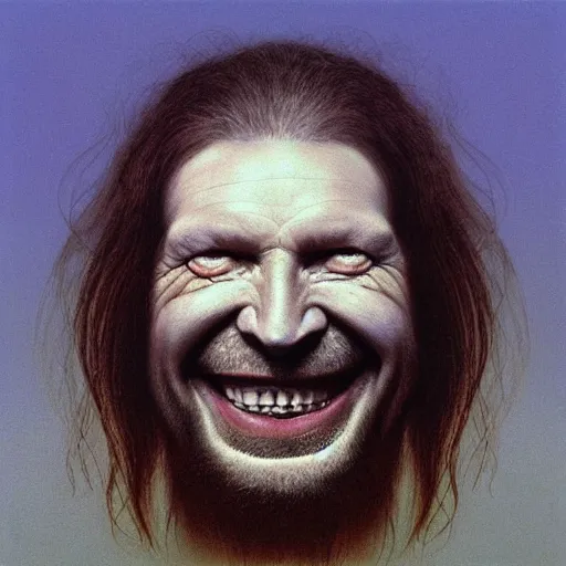 Prompt: album art portrait of aphex twin grinning, painted by zdzislaw beksinski