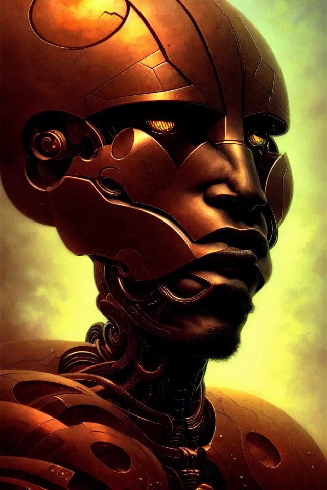 Image similar to a striking portrait of a black cyborg god king by moebius and hr gigerr and beksinski, trending on artstation, digital art, 4 k resolution, detailed, high quality, sharp focus, hq artwork, insane detail, cinematic, volumetric lighting, character concept art, fine details, clear face