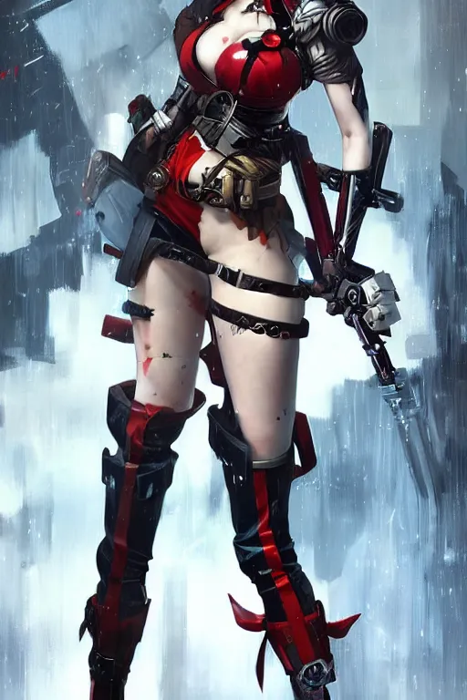 Image similar to portrait of anime Harley Quinn in bikini armor, dc comics, cyberpunk, Warhammer 40000, dark fantasy, digital art from artstation by Ruan Jia and Mandy Jurgens and Artgerm and william-adolphe bouguereau