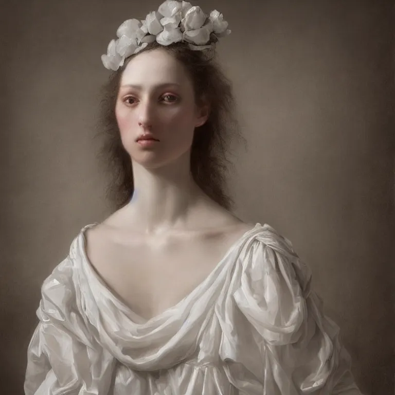 Prompt: roberto ferri style : a wonderful realistic focused sweet face mid portrait of a beautiful symmetrical lonely woman with a detailed wonderful symmetrical face who is dressed with a wonderful, majestic, large semi transparent white cotton dress ornate with semi transparent cotton roses and semi transparent white veils, dramatic light, octane render - 8 k