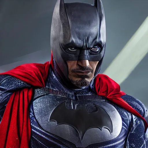 Image similar to robert downey jr in batman suit, portrait hd, still from justice league 4 k