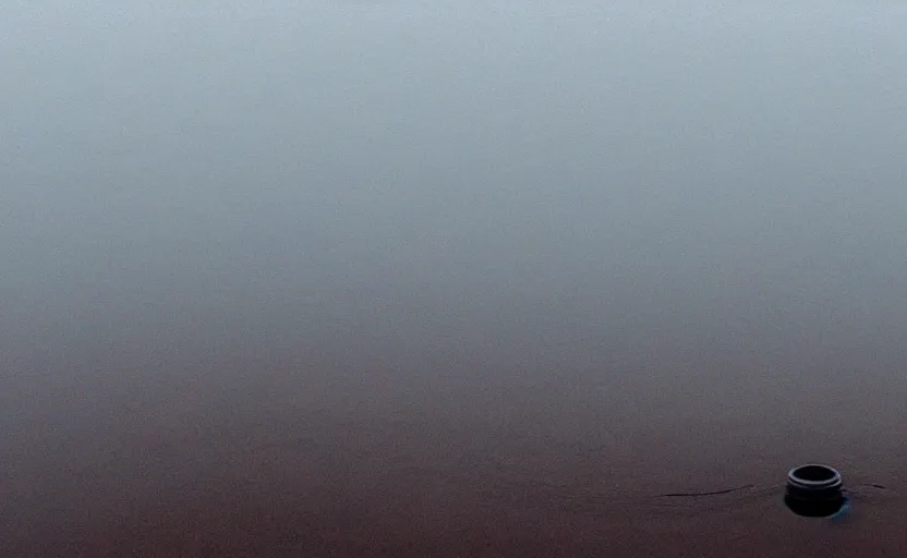 Image similar to extreme low angle camera lens partially submerged in water showing the surface of a lake, scene from a film directed by charlie kaufman ( 2 0 0 1 ), foggy volumetric light morning, extremely moody, cinematic shot on anamorphic lenses