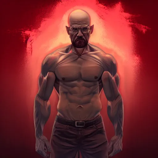 Image similar to muscular walter white coming out of a red mist, epic, trending on artstation, profile pic, centered, accurate anatomy, highly detailed, digital art,