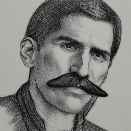 Image similar to A crosshatched portrait drawing of Jerma985 with a pyramidal mustache in the mid-late 1800s, cross haching, crosshatching, mid-late 1800s, grainy, realistic, hyperrealistic, very realistic, highly detailed, very detailed, extremely detailed, detailed, trending on artstation