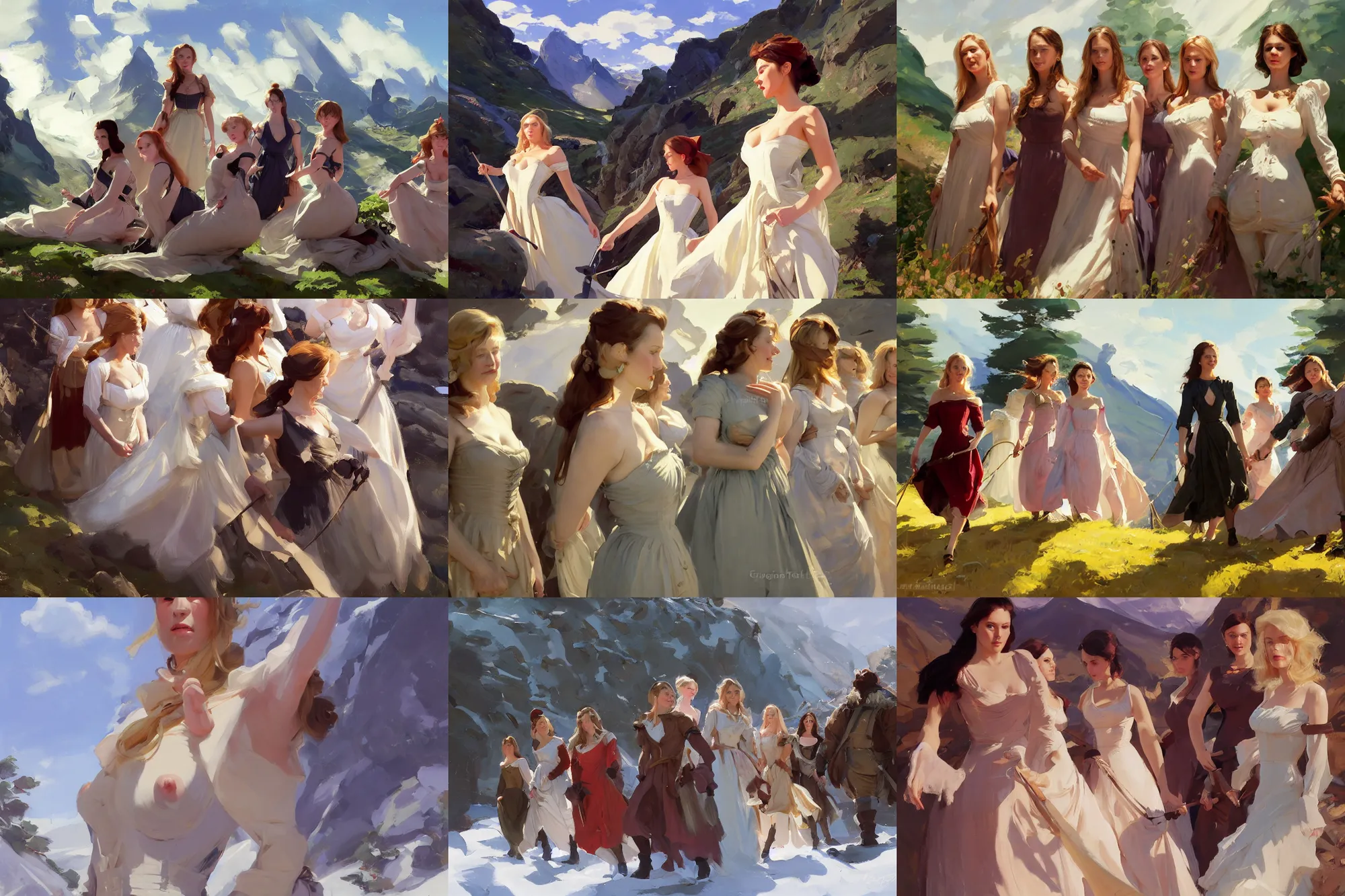 Prompt: five of beautiful finnish norwegian swedish scandinavian attractive glamour models wearing 1 7 th century bodice with low neckline walking in the mountains in a sunny day, jodhpurs greg manchess painting by sargent and leyendecker, studio ghibli fantasy close - up shot asymmetrical intricate elegant matte painting illustration hearthstone, by greg rutkowski by greg tocchini by james gilleard