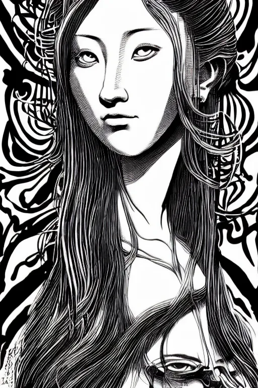 Prompt: beautiful portrait of a woman, negative no not mona lisa pose, highly detailed ink illustration of a dark alley of taipei, b & w clean shaped illustration by kim jung gi, ric estrada, ron english and eiichiro oda