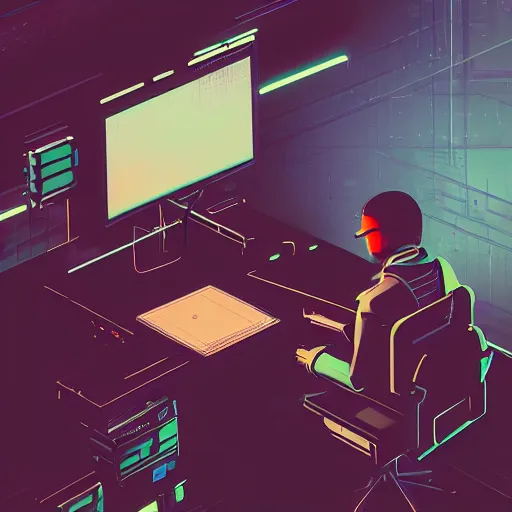 Prompt: a man sitting at a desk in front of a computer, cyberpunk art by james gilleard, behance contest winner, computer art, retrowave, darksynth, synthwave