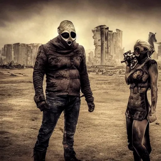 Prompt: a very huge, very big masked mutant man standing next to a small blonde woman, they are staring at the horizon where there are the ruins of a city, postapocalyptic, mad max style, award winning photograph, photo