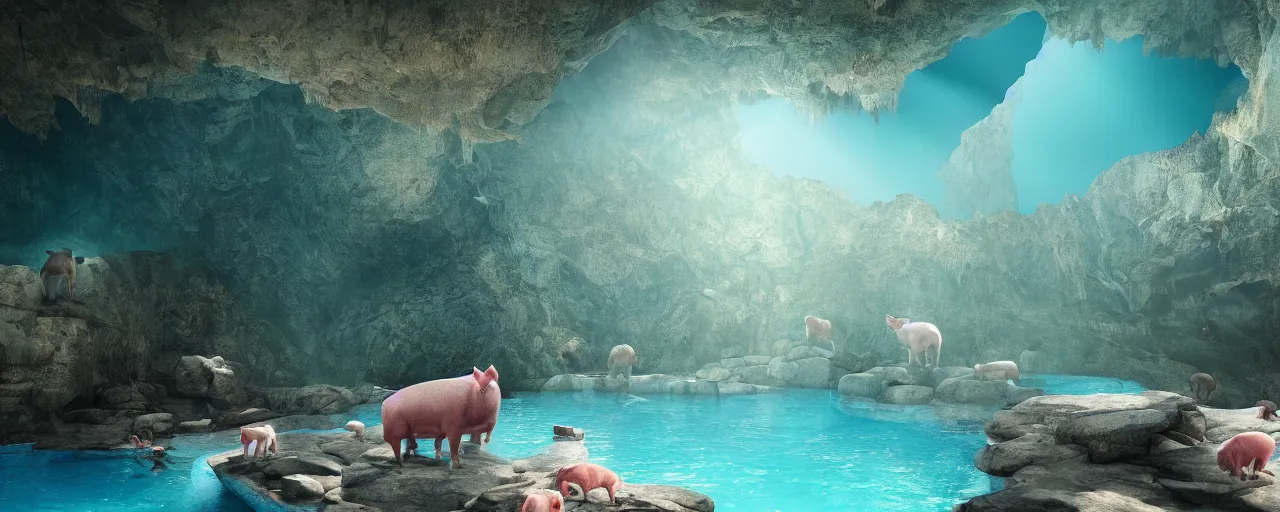 Prompt: Beautiful ancient mountain cave, pigs, volumetric lighting beaming through a crack in the roof shining on a turquoise clear pool. A soft glow slightly dusty atmosphere. Wallpaper. Ultra HD, V-ray, Octane Render, 8k, Sharp, Detailed, Maximalism. Stunning