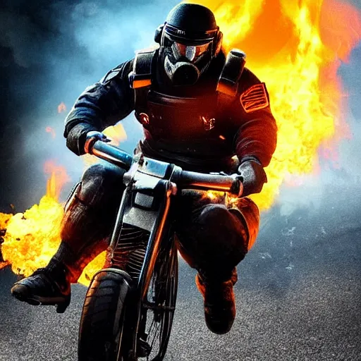 Image similar to Montagne from Rainbow Six Siege riding a bike leaving behind a trail of flames and explosions