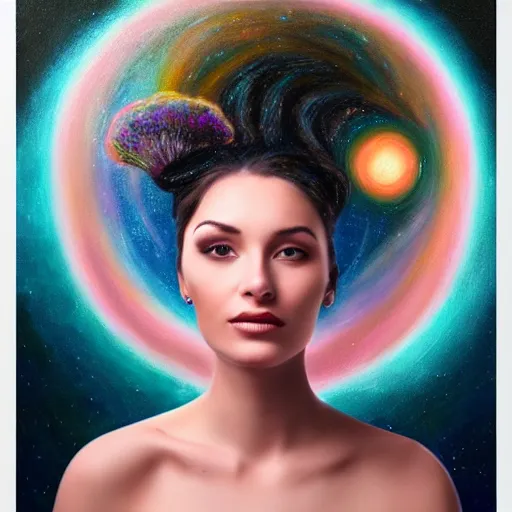 Prompt: beautiful portrait painting of woman with the cosmos as her hair.