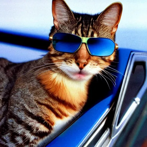 Prompt: ! dream color photo of a cat wearingn sunglasses driving a bmw convertible in the 8 0's. blue sky in the background