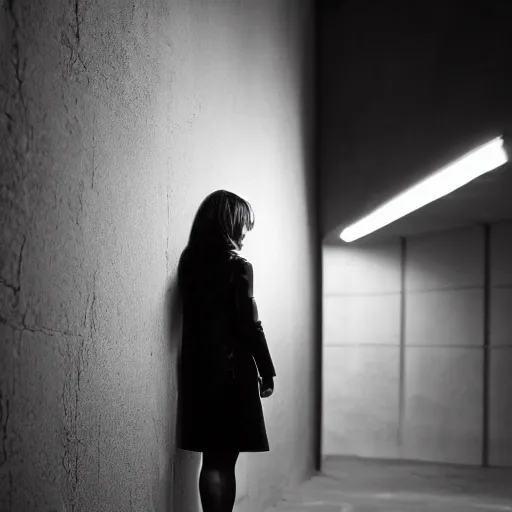 Image similar to noir female detective leans against the wall and lights up,