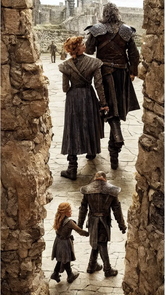 Prompt: a couple walking onto the set of game of thrones by Norman Rockwell