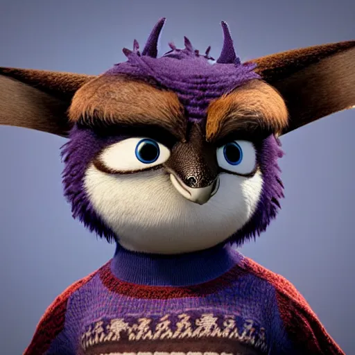 Image similar to anthropomorphic cute bird character wearing a knitted sweater, Disney Pixar, in the style of ‘how to train your dragon’, ‘kung fu panda’ ‘zootopia’ ‘wreck it Ralph’ ‘luca’ etc, high detail, detailed feathers and fur, 3d render