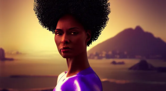 Prompt: portrait of beautiful cyberpunk black woman with afro hair, rio de janeiro!! pao de acucar!! corcovado ipanema on the background, blue and purple digital art trending on artstation, beeple, soft lighting, bokeh