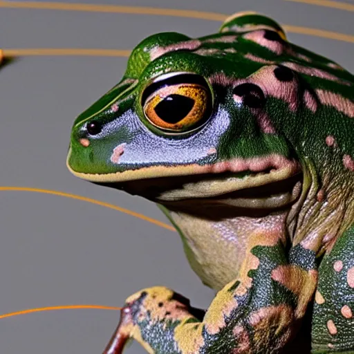 Image similar to photo of a rare frog equipped with m 2 4 9 machine gun and night vision target acquisition system