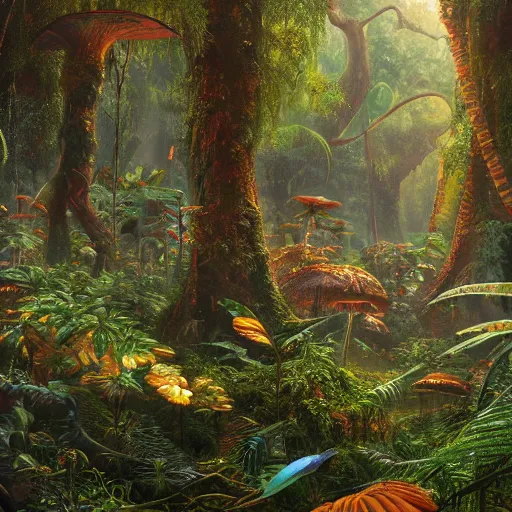 Image similar to psilocybin jungle, hyperrealistic oil painting, super detailed, colorized, 4k, trending on ArtstationHQ, D&D, fantasy, raytracing, award winning, art by James C Christensen and Michael Hutter, spectacular lighting, octane rendered