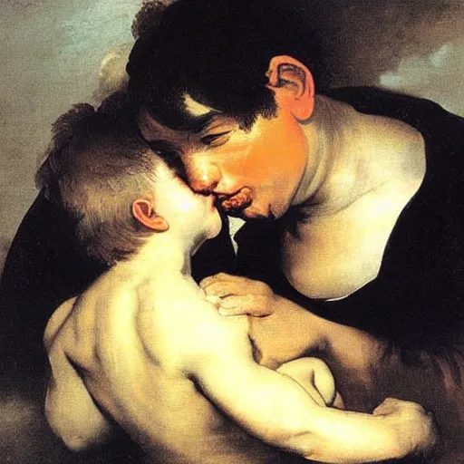 Prompt: putin kissing a boy in the tummy oil painting by francisco goya