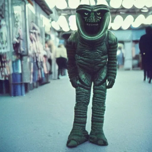 Prompt: alien walking around the soviet market, top secret style, realistic photo, cinestill 8 0 0 t 5 0 mm, 1 9 7 0 s, color