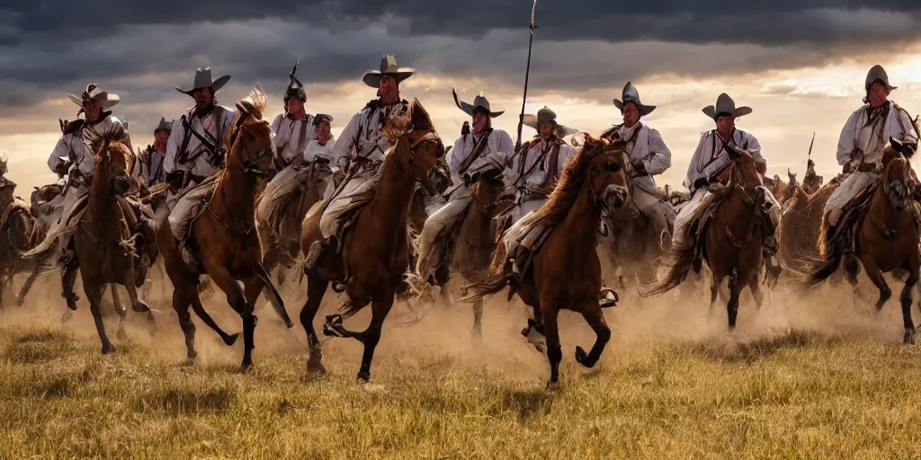 Image similar to promotional movie still of an action shot from the battle of little bighorn, custer's last stand, majestic horses, desperate action, dramatic hdr natural light, cinematic lighting, extremely high detail, photorealistic, imax 7 0 mm, iso 4 0 0, 8 k, 4 k, hq