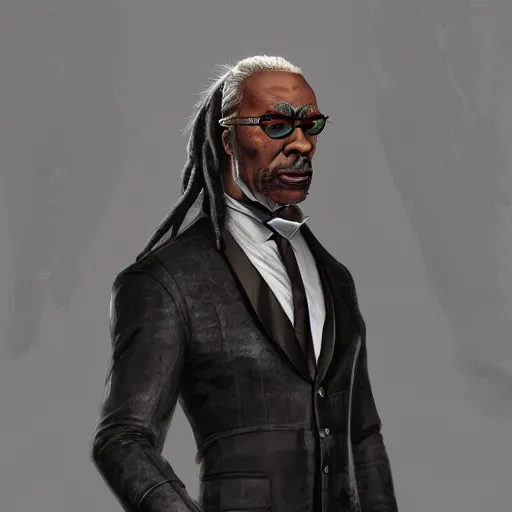 Image similar to a portrait of a muscular older black man with dreads and a suit with a monocle on, D&D, sci-fi, elegant, hopeful, muscular, highly detailed, digital painting, artstation, concept art, smooth, sharp focus, illustration