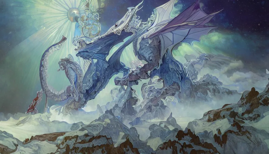 Prompt: epic ice dragon with trendy shapes in a nordic landscape under aurora and stars, set in the words of the Forgotten Realms and Guildwars2, painted by Hans Fredrik Gude, alphonse mucha and Artgerm, concept art 2022, ultra realistic masterpiece