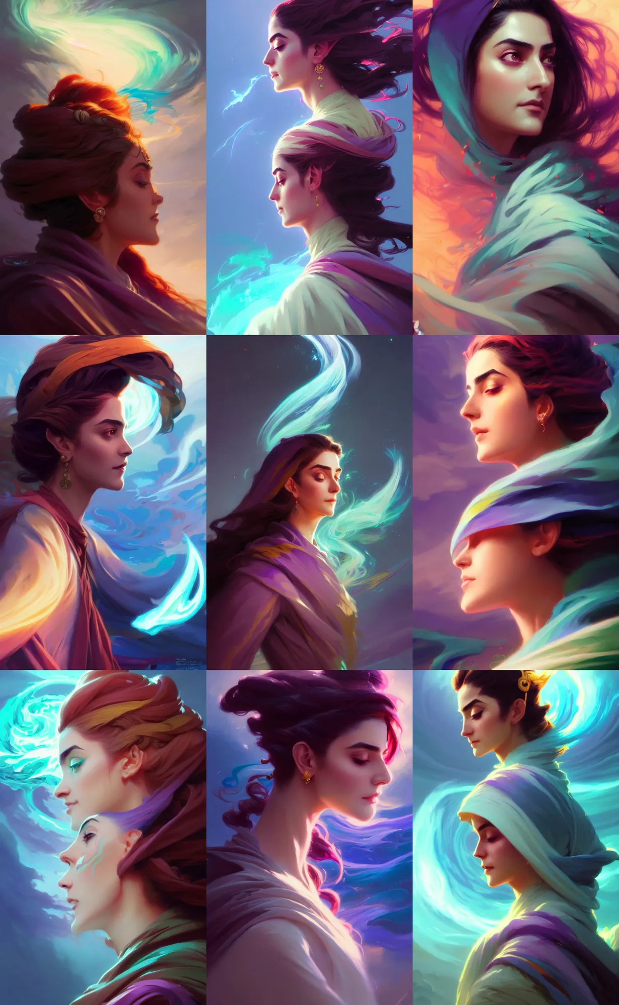 Prompt: side profile portrait, maya ali, wind sorcerer, dota, robes, elegant, concept art, smooth, psychedelic, colorful swirly magic ripples, pastel colors, by greg rutkowski, jesper ejsing, ilya kuvshinov, artgerm, mucha