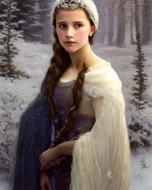 Image similar to a portrait painting of a shy, blushing 1 6 - year old alicia vikander or millie bobby brown as elsa, a princess of the ice and snow, in a snowy setting at night, intricate, elegant, highly detailed, artstation, concept art, by krenz cushart and donato giancola and william adolph bouguereau and alphonse mucha