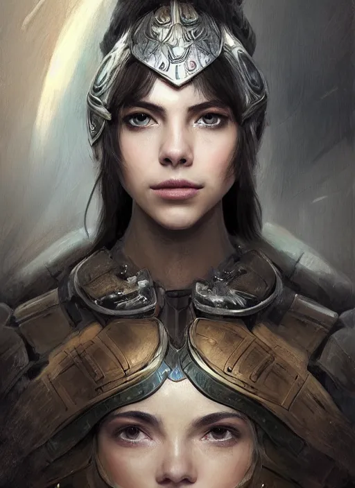 Image similar to a professional portrait of a beautiful young female, clothed in ethereal battle armor, olive skin, long dark hair, beautiful bone structure, symmetrical facial features, intricate, elegant, digital painting, concept art, smooth, sharp focus, finely detailed, illustration, from Valerian and the City of a Thousand Planets, in the style of Ruan Jia and Mandy Jurgens and Artgerm and Greg Rutkowski and William-Adolphe Bouguerea