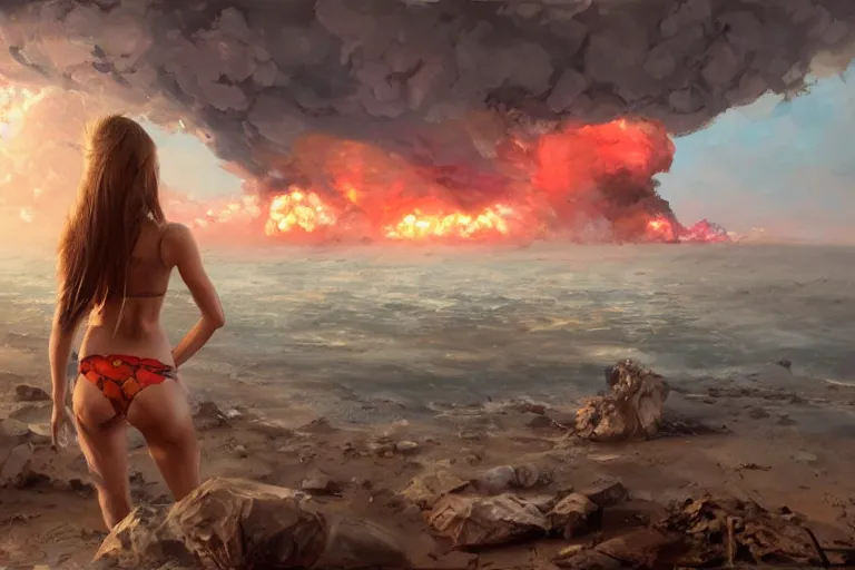 Prompt: girl with a ponytail wearing bikini looking at a nuclear bomb test, expressive painting, digital art, high quality, by michael garmash, by rob rey, by artgerm, by greg rutkowski, beautiful girl, apocalyptic, huge nuclear mushroom cloud, octane render