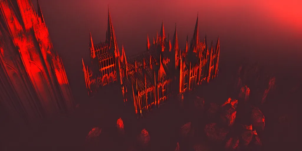 Image similar to dark gothic cathedral, gothic architecture, at the top of a red rock canyon, artstation concept art, beautiful matte painting, aerial view, red and orange and black color palette, chiaroscuro lighting