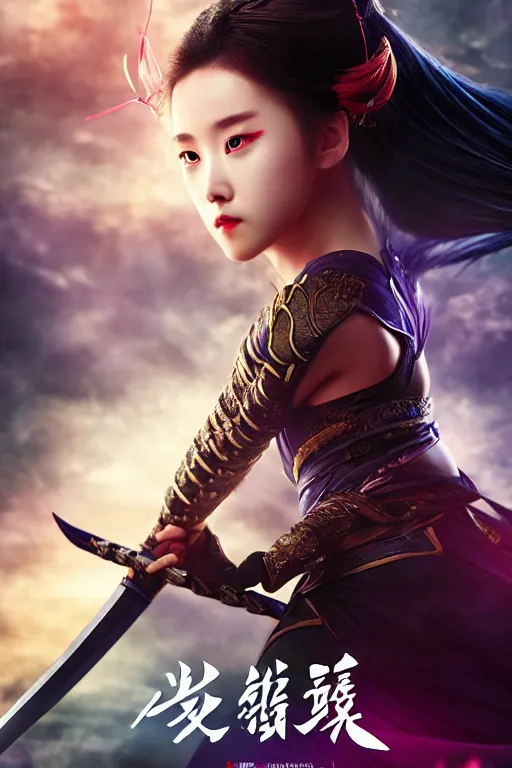 Image similar to beautiful cinematic fantasy poster, wuxia sword dance heroine, beautiful glowing galaxy eyes, hybrid from Dynasty Warriror and art direction by tian zi, WLOP, Darius Zawadzki cinematic quality character render; low angle; ultra high quality model; production quality cinema model;