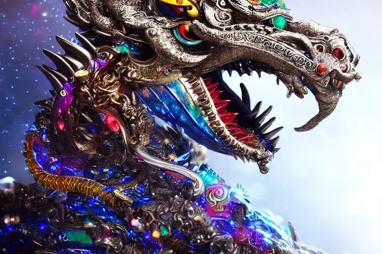 Image similar to cinematic shot of a silver chinese dragon intricately decorated with colorful jewels, detailed textures, midnight city lights, strong bokeh, dramatic lighting, unreal engine, cgsociety, artstation, 4k